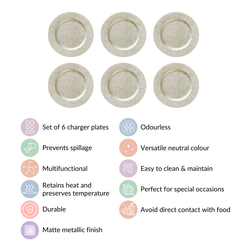 Silver Textured Charger Plate Set Of 6 13 Inch- Charger plates, decorative plates, plates set of 6, service plates, under plates