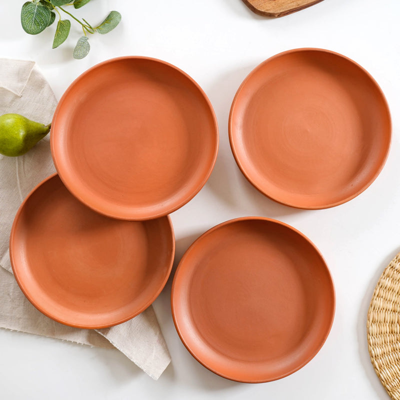 Engraved Terracotta Dinner Plates Set Of 4 - Terracotta plates, earthen plates, terracotta dinner plates