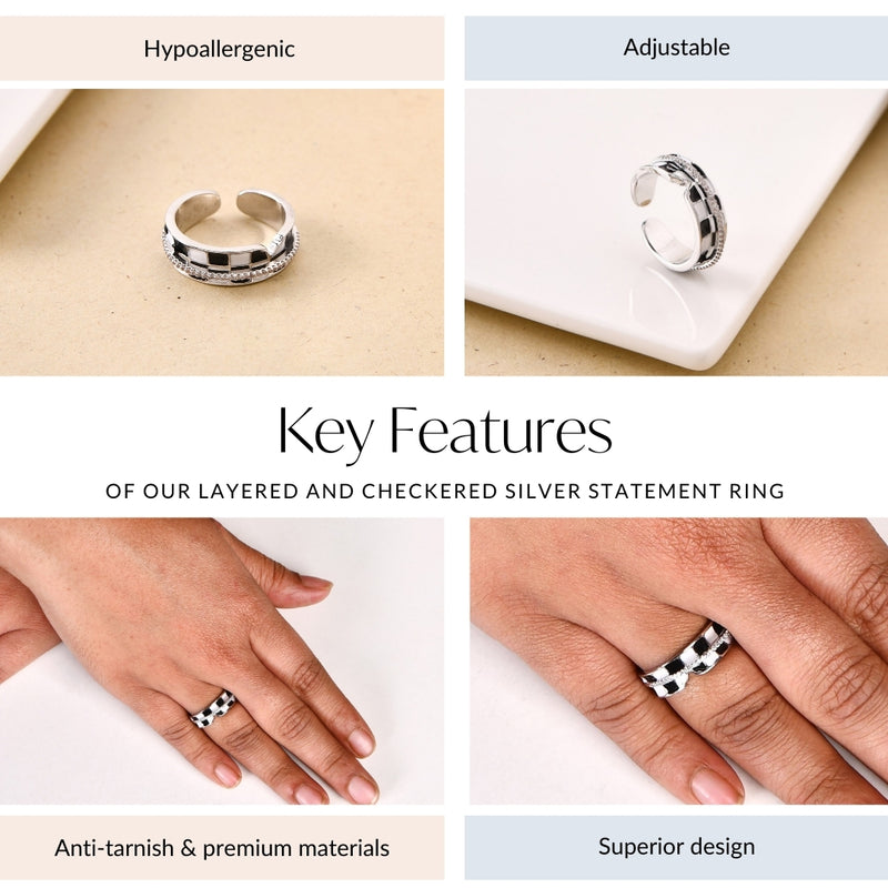 Layered And Checkered Silver Statement Ring