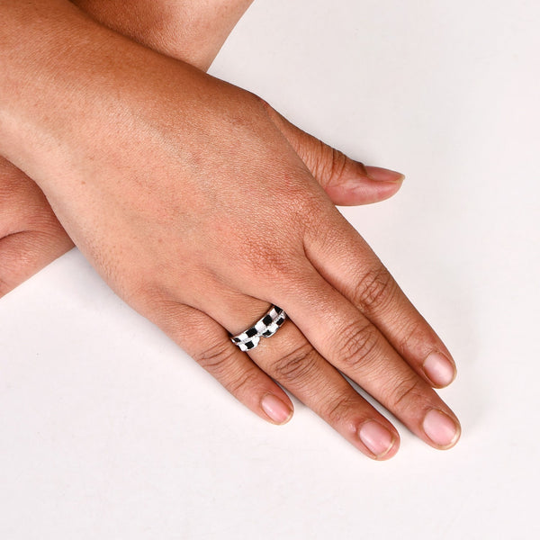 Layered And Checkered Silver Statement Ring