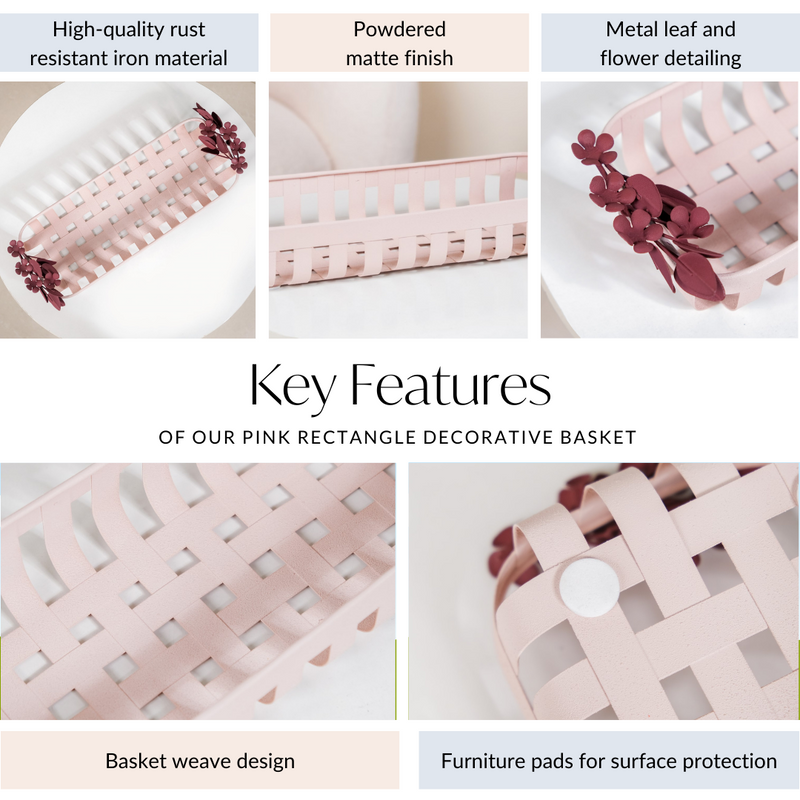 Bloom Pink Metal Decorative Tray 14x6 Inch- Pink Home Baskets, decorative basket ideas, baskets for home decor, decorative baskets