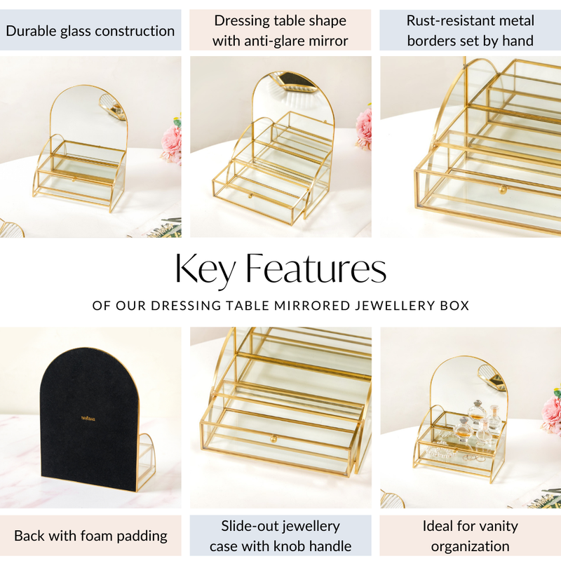 Dressing Table Mirror With Jewellery Box Drawer - Vanity table with mirror, makeup dressing table, luxury mirrored jewelry box, glass storage box