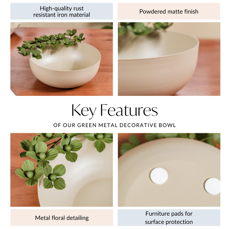 Green Garden Decorative Bowl With Metal Flowers 9 Inch - Green metal centerpiece bowl, decorative metal bowl, green bowl, metal home decor bowl