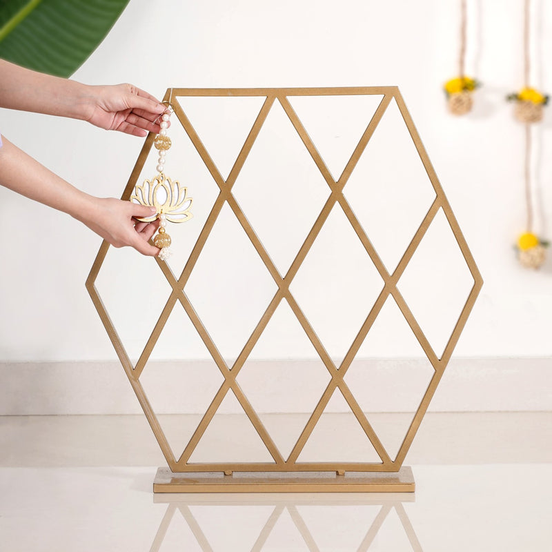 Hexagonal Puja Backdrop Metal Frame With Lotus Hangings