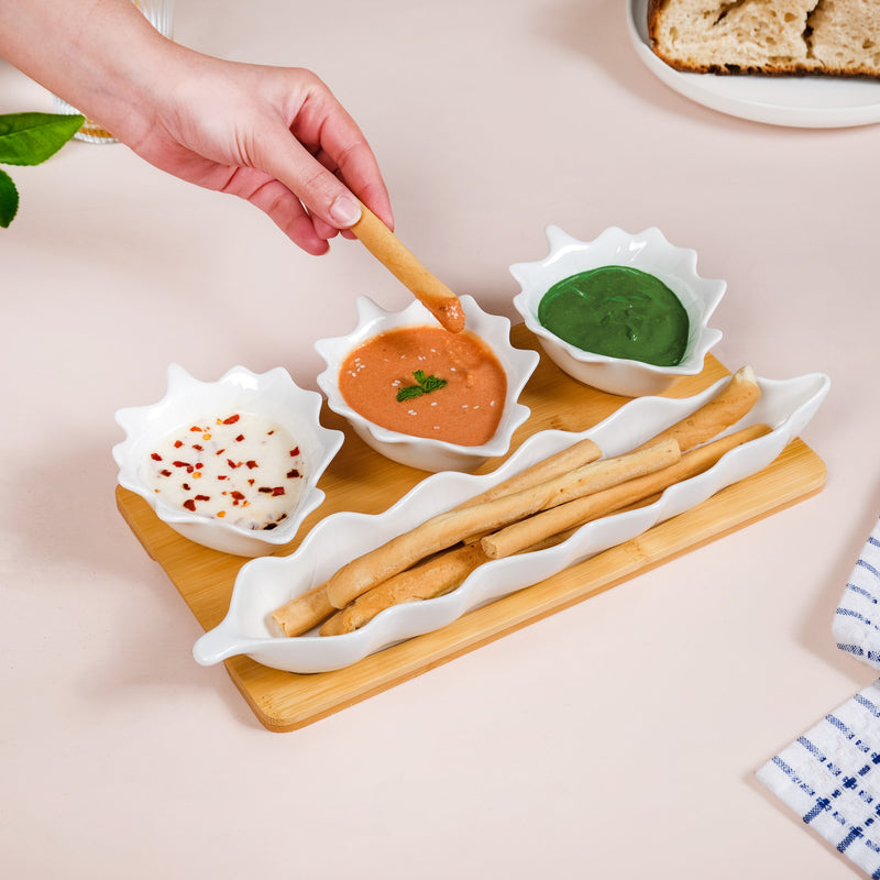 Serrated Leaf Ceramic Bowls And Long Plate With Tray Set Of 5 - Ceramic platter, leaf platter, bowl with tray