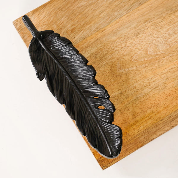 Metal Feather Handle Wooden Tray 15x7 Inch