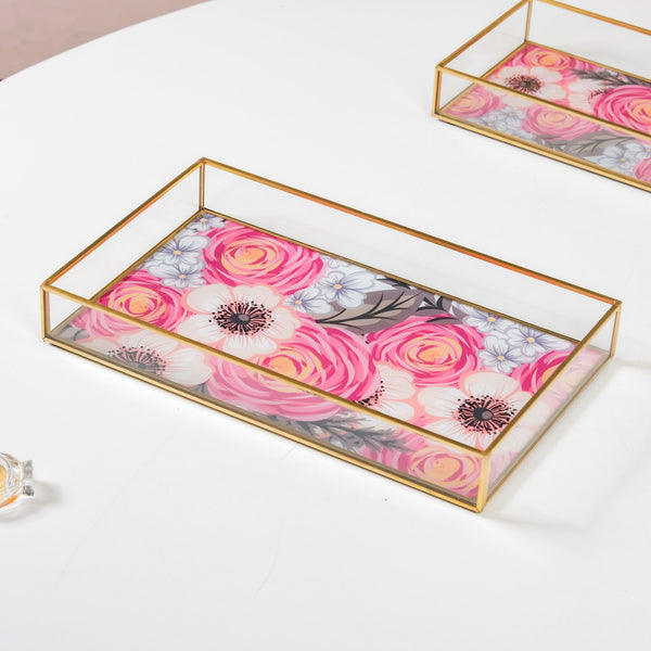 Printed Glass Decorative Trays With Gold Edge Set Of 2