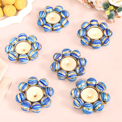 Set Of 6 Blue Beaded Metal Tea Light Candle Holders