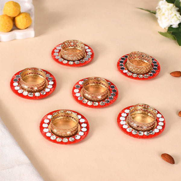 Set Of 6 Mirror Art Red Tea Light Holders