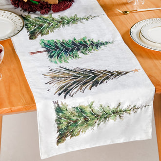 Grove Of Pine Trees Printed White Dining Table Runner