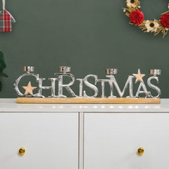 Christmas Lettering Tea Light Holder With Wooden Base Large- Christmas Lettering Tea Light Holder, Festive Tea Light Decor, Christmas Candle Holder