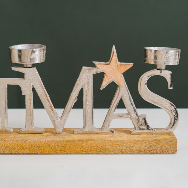 Christmas Lettering Tea Light Holder With Wooden Base