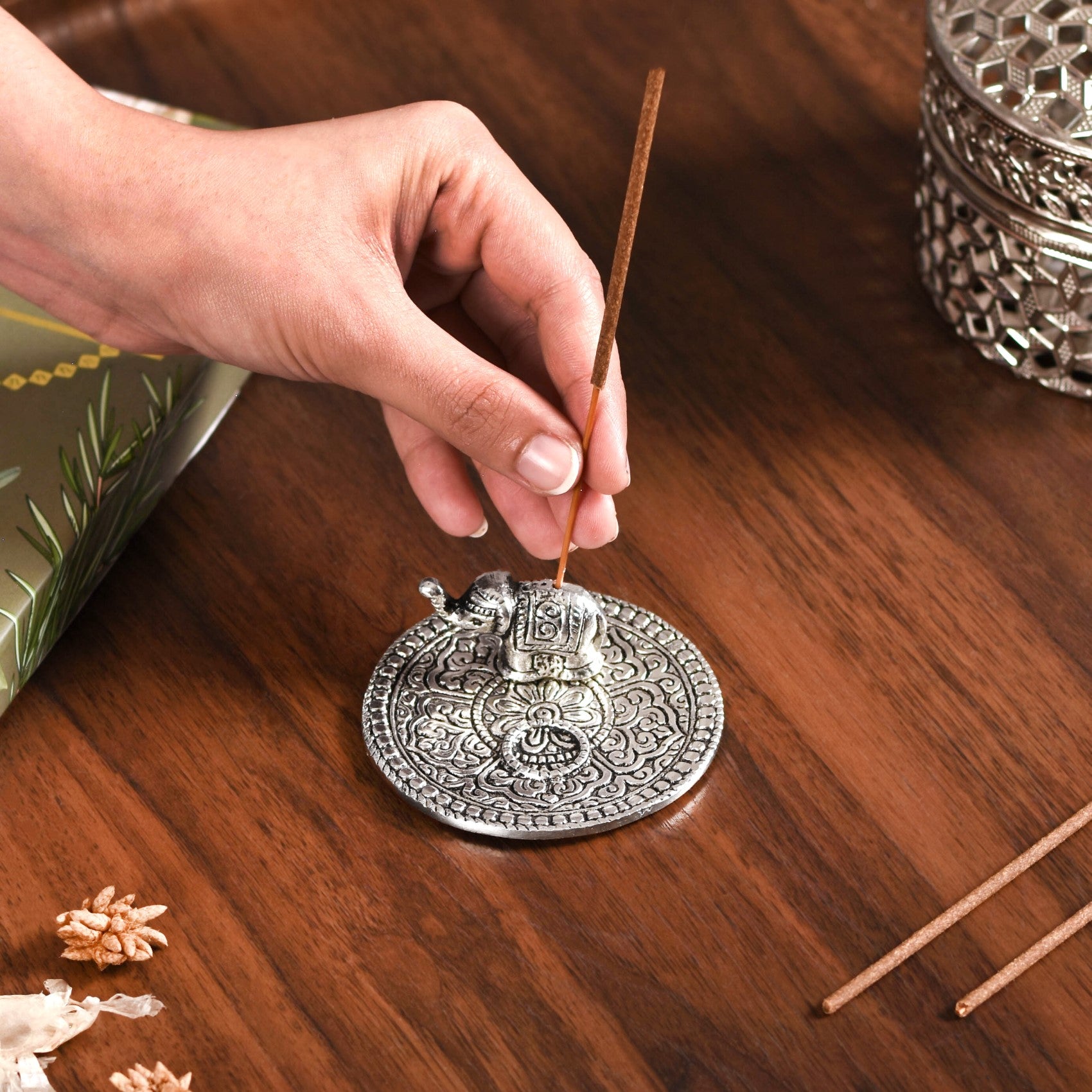 Elephant Round Incense Holder With Incense Sticks And Cones Online