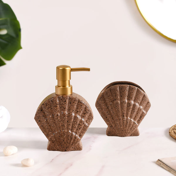 Coastal Shell Stoneware Bath Set Of 2 Brown