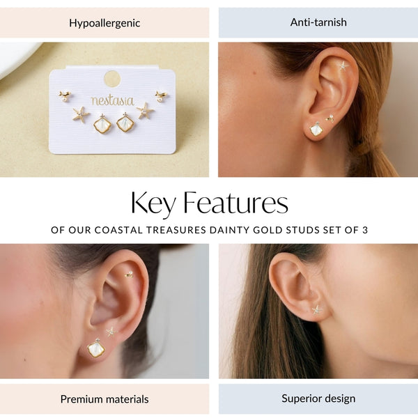 Coastal Treasures Dainty Gold Studs Set Of 3