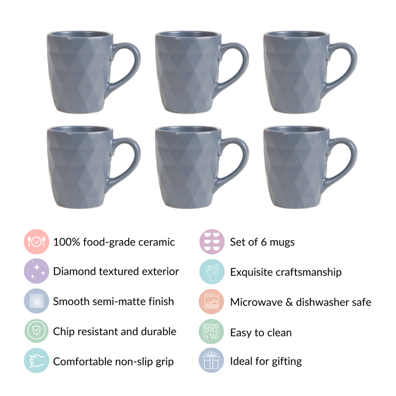Set Of 6 Textured Coffee Mugs Grey 220ml - Tea cup set, tea cups, coffee cups, ceramic tea cups, tea cup set of 6, coffee mugs, coffee mug set