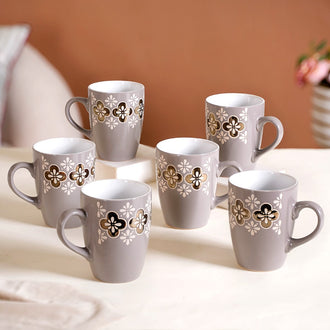 Set Of 6 Floral Patterned Coffee Mug Grey 350ml - Tea cup set, tea cups, coffee cups, ceramic tea cups, tea cup set of 6, coffee mugs, coffee mug set