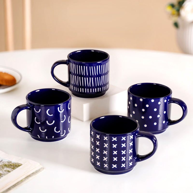 Navy Blue Chic Stackable Cups Set Of 4 220ml - Tea cups, tea cup set, coffee cups, coffee cup set, ceramic cups, ceramic tea cups
