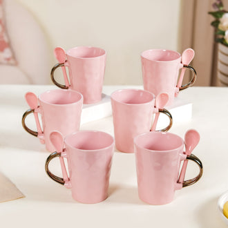 Coffee Mugs With Spoons Pink Set Of 6 350ml - Coffee mugs, ceramic mug set, coffee mug set, coffee mug with spoon