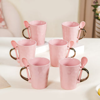 Coffee Mugs With Spoons Pink Set Of 6 350ml