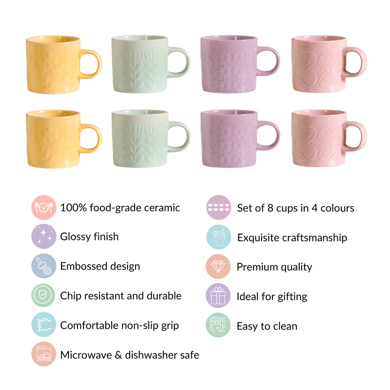 Eclectic Mugs Set Of 8 Multicolour 220ml - Pastel coffee mugs, tea cups, tea cup set, ceramic tea cups, coffee mugs, ceramic mugs, coffee mug set
