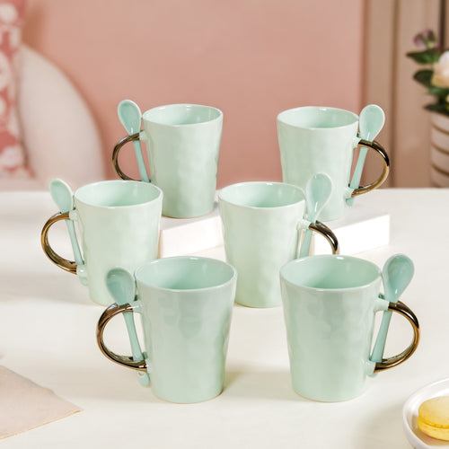 Mint Mugs With Spoon Set Of 6 350ml - Coffee mugs, ceramic mug set, coffee mug set, coffee mug with spoon, green mugs