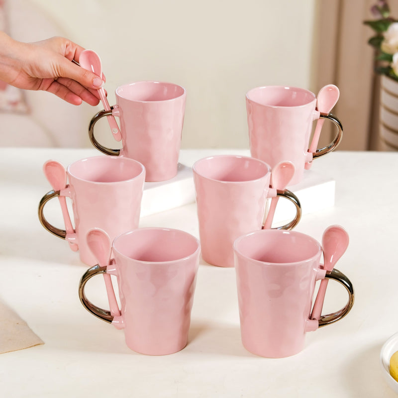 Coffee Mugs With Spoons Pink Set Of 6 350ml - Coffee mugs, ceramic mug set, coffee mug set, coffee mug with spoon