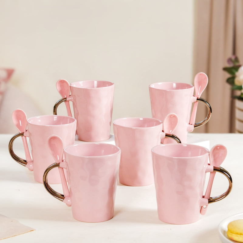 Coffee Mugs With Spoons Pink Set Of 6 350ml - Coffee mugs, ceramic mug set, coffee mug set, coffee mug with spoon