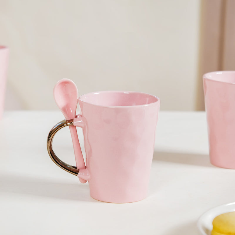 Coffee Mugs With Spoons Pink Set Of 6 350ml - Coffee mugs, ceramic mug set, coffee mug set, coffee mug with spoon