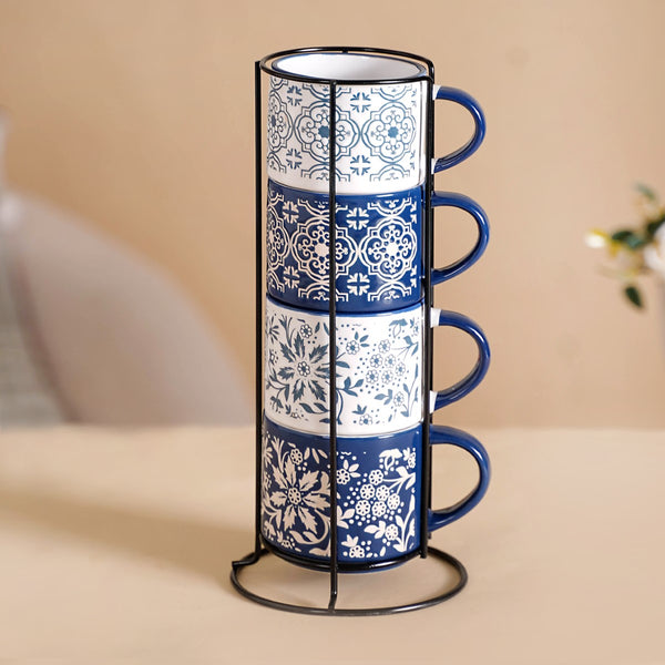 Floral Design Stackable Coffee Mugs Set of 4 200ml