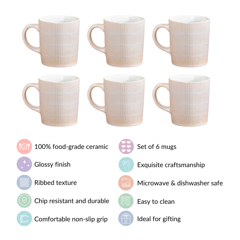 White Ribbed Coffee Mug Set Of 6 220ml - Tea cups, tea cup set, coffee cups, ceramic cups, ceramic tea cups, coffee mugs, white coffee mugs