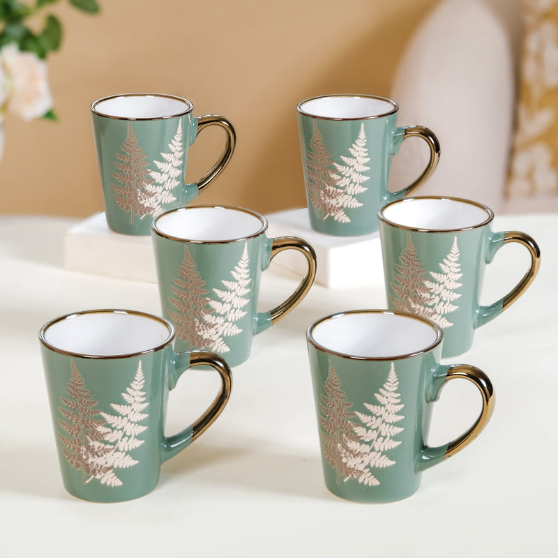 Fern Leaves Coffee Mug Set Of 6 Sage Green 350ml - Coffee mugs, coffee mug set, ceramic coffee mugs, printed coffee mugs