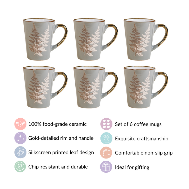 Fern Leaves Design Ceramic Mug Set Of 6 Grey 350ml - Printed coffee mugs, ceramic coffee mugs, coffee mug set, tea cup set of 6, coffee mugs