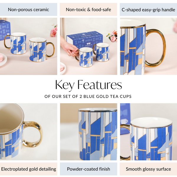 Set Of 2 Blue Gold Tea Cups With Gift Box 350ml