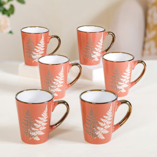 Fern Leaves Ceramic Mug Set Of 6 Coral Orange 350ml