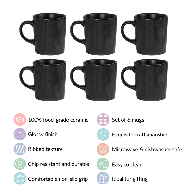 Black Matte Coffee Mug Set Of 6 220ml - Coffee mugs, ceramic mug set, coffee mug set, black coffee mugs