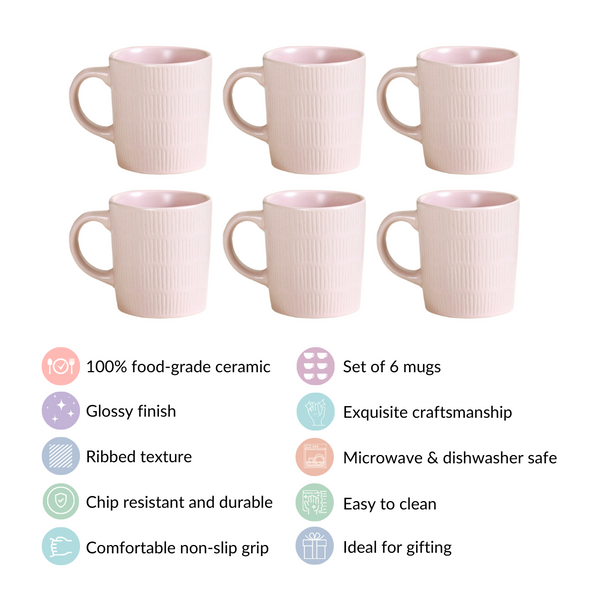 Glossy Striped Ceramic Mug Set Of 6 Pink 220ml