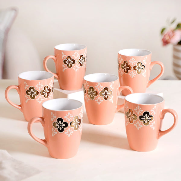 Peach Floral Patterned Coffee Mug Set Of 6 350ml