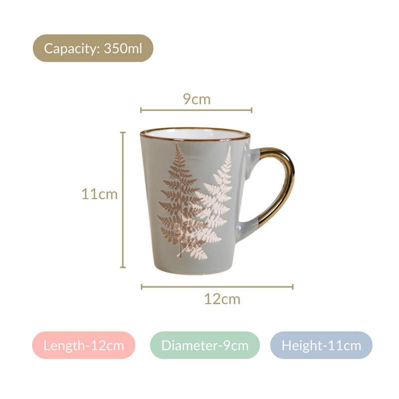 Fern Leaves Design Ceramic Mug Set Of 6 Grey 350ml - Printed coffee mugs, ceramic coffee mugs, coffee mug set, tea cup set of 6, coffee mugs