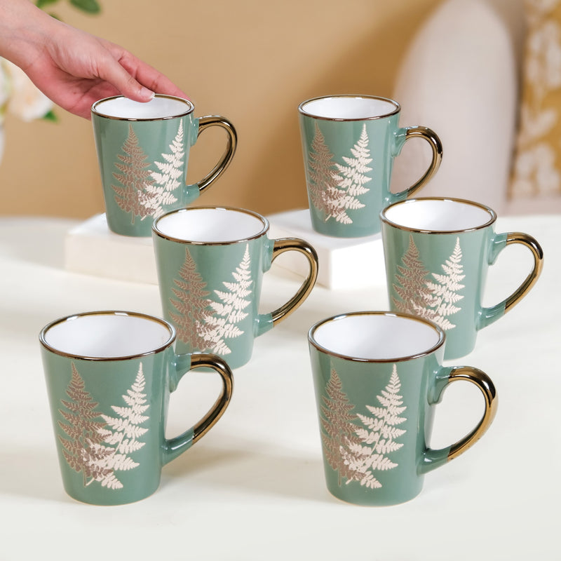 Fern Leaves Coffee Mug Set Of 6 Sage Green 350ml - Coffee mugs, coffee mug set, ceramic coffee mugs, printed coffee mugs