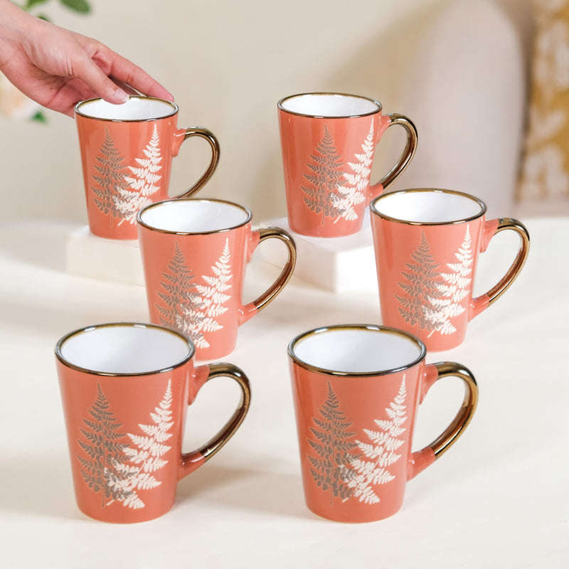 Fern Leaves Ceramic Mug Set Of 6 Coral Orange 350ml - Coffee mugs, ceramic mug set, coffee mug set, printed coffee mugs, metallic mugs, printed mugs