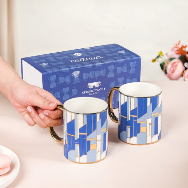 Set Of 2 Blue Gold Tea Cups With Gift Box 350ml