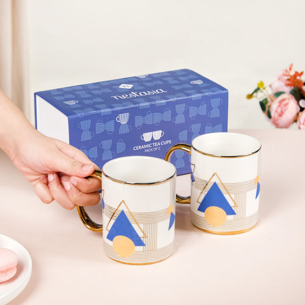 Set Of 2 Geometric Blue Gold Mugs With Gift Box 350ml