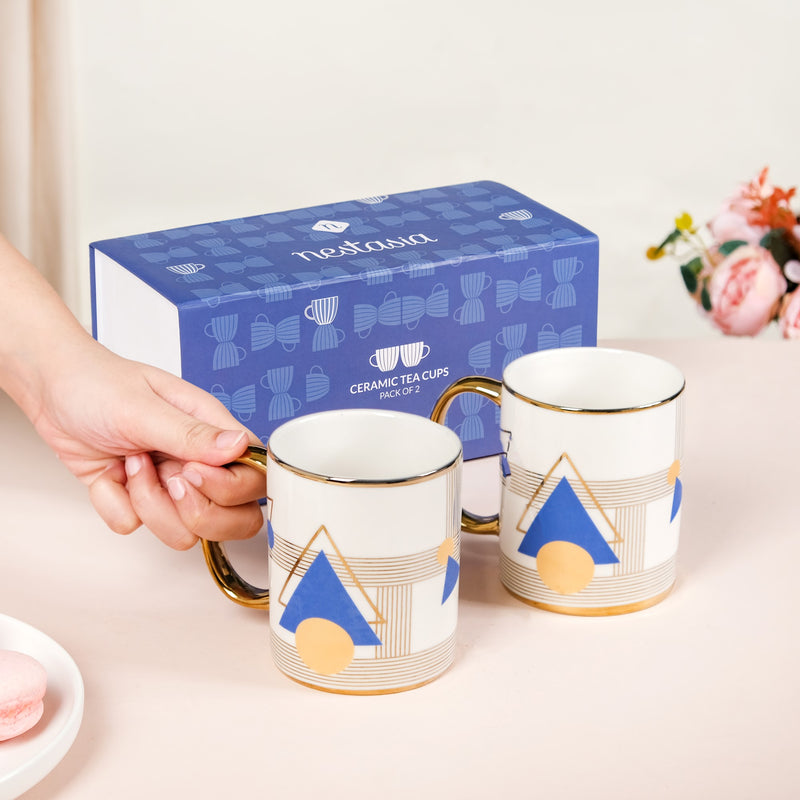 Set Of 2 Geometric Blue Gold Mugs With Gift Box 350ml - Tea cups, tea cup set, ceramic tea cups, tea mugs, printed mugs