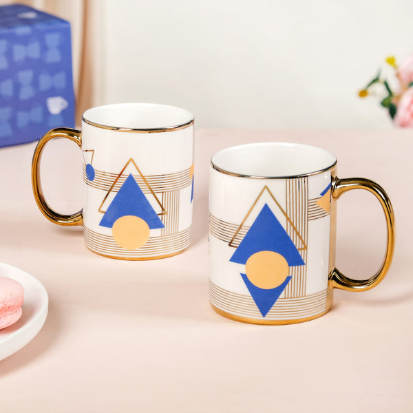 Set Of 2 Geometric Blue Gold Mugs With Gift Box 350ml