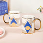 Set Of 2 Geometric Blue Gold Mugs With Gift Box 350ml - Tea cups, tea cup set, ceramic tea cups, tea mugs, printed mugs