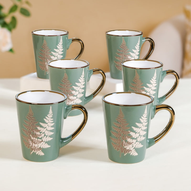 Fern Leaves Coffee Mug Set Of 6 Sage Green 350ml - Coffee mugs, coffee mug set, ceramic coffee mugs, printed coffee mugs