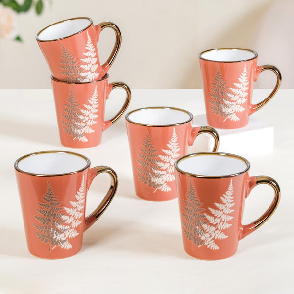 Leafy Ceramic Mug Set Of 6 Orange 350ml