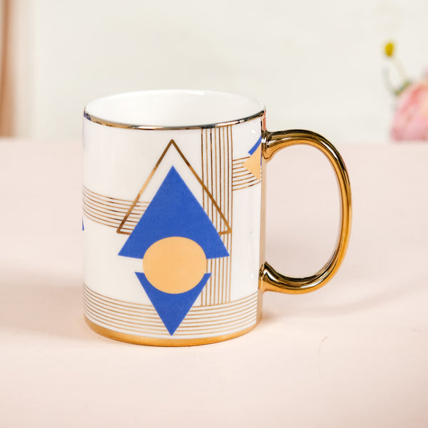 Set Of 2 Geometric Blue Gold Mugs With Gift Box 350ml