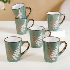 Fern Leaves Coffee Mug Set Of 6 Sage Green 350ml - Coffee mugs, coffee mug set, ceramic coffee mugs, printed coffee mugs